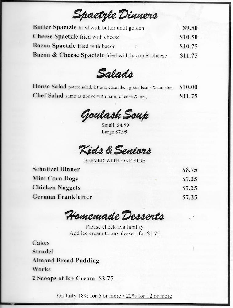 Mutti's German Restaurant Menu